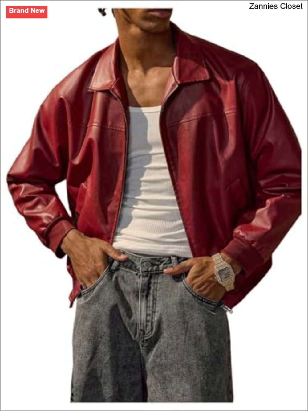 Men's Faux Leather Jacket Full Zip Collared Bomber with Pockets